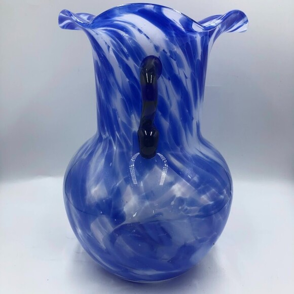 Vintage Blue White Swirl Cobalt Handled Vase Scalloped Edge - Picture 8 of 12